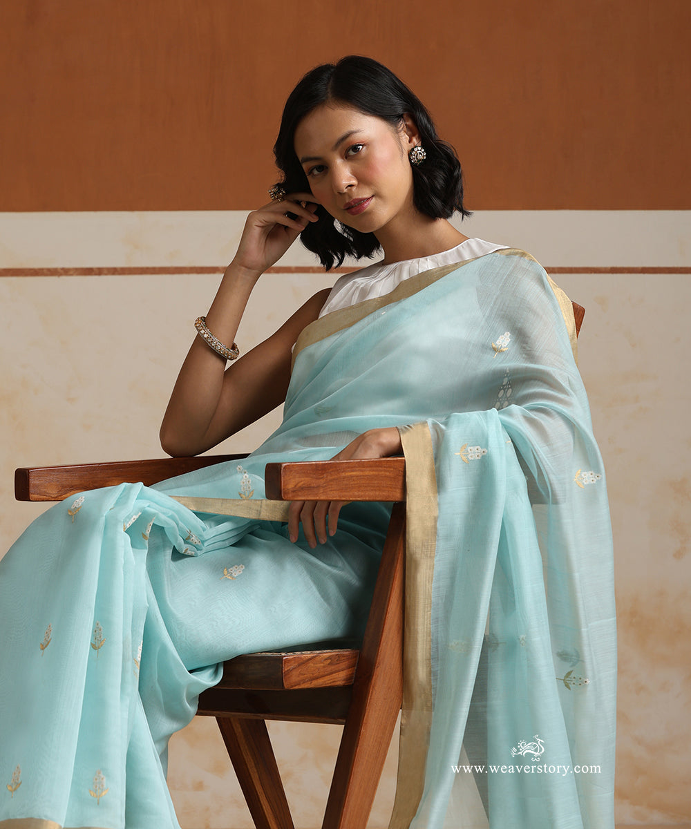 Handloom_Ice_Blue_Pure_Cotton_Chanderi_Saree_With_Gold_Silver_Small_Flowers_WeaverStory_01