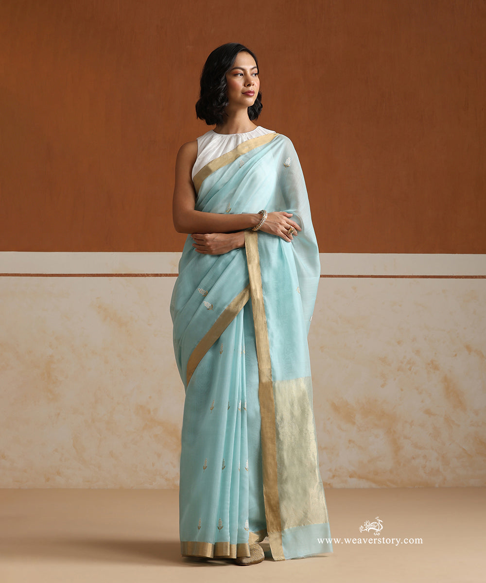 Handloom_Ice_Blue_Pure_Cotton_Chanderi_Saree_With_Gold_Silver_Small_Flowers_WeaverStory_02