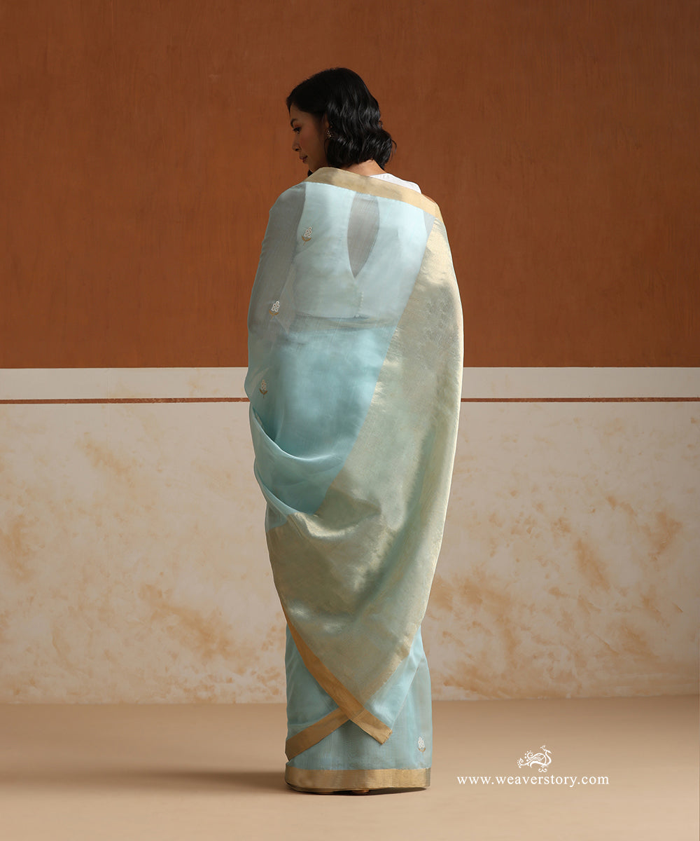 Handloom_Ice_Blue_Pure_Cotton_Chanderi_Saree_With_Gold_Silver_Small_Flowers_WeaverStory_03