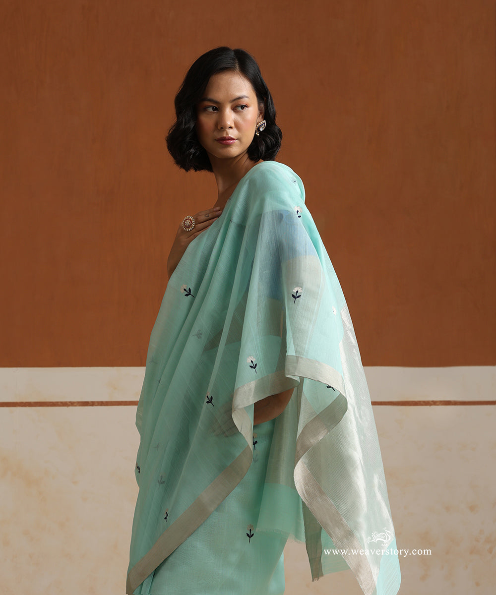 Handloom_Aqua_Blue_Pure_Cotton_Chanderi_Saree_With_Silver_And_Blue_Meena_Small_Flowers_With_Silver_Zari_Border_WeaverStory_02