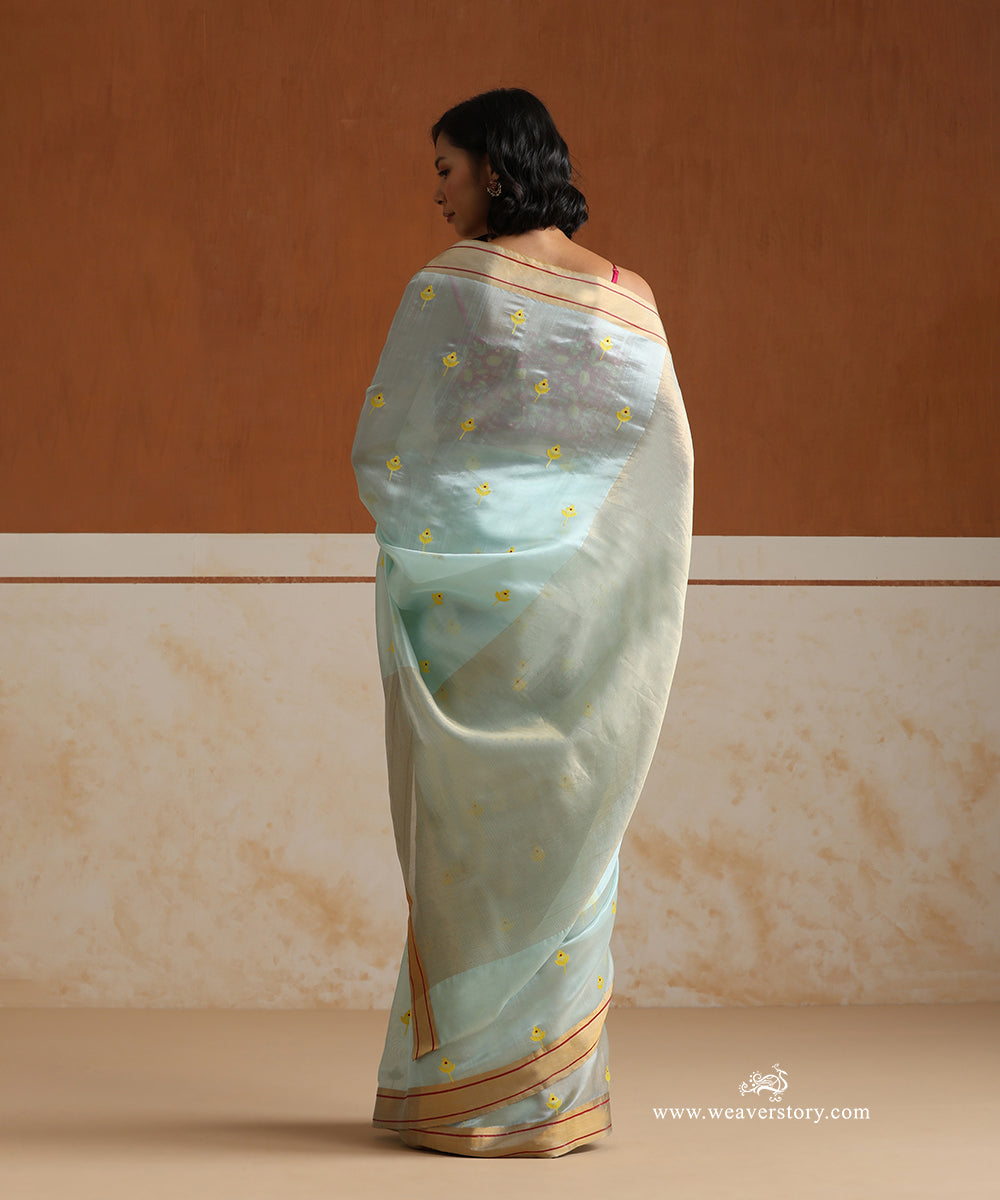 Handloom_Ice_Blue_Pure_Silk_Chanderi_Saree_With_Yellow_Meena_Flower_Motifs_And_Gold_Zari_Border_With_Maroon_Lines_WeaverStory_03