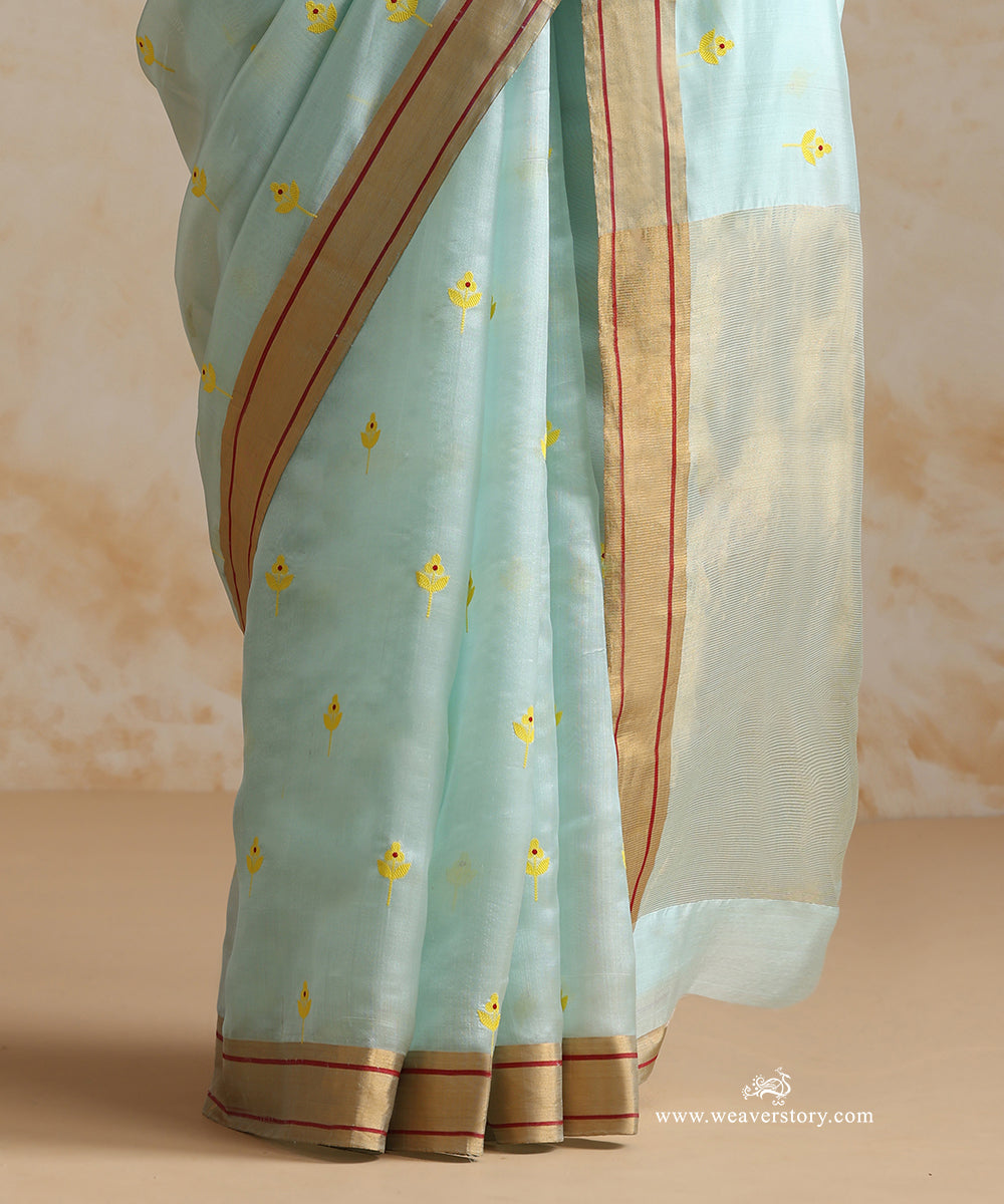 Handloom_Ice_Blue_Pure_Silk_Chanderi_Saree_With_Yellow_Meena_Flower_Motifs_And_Gold_Zari_Border_With_Maroon_Lines_WeaverStory_04