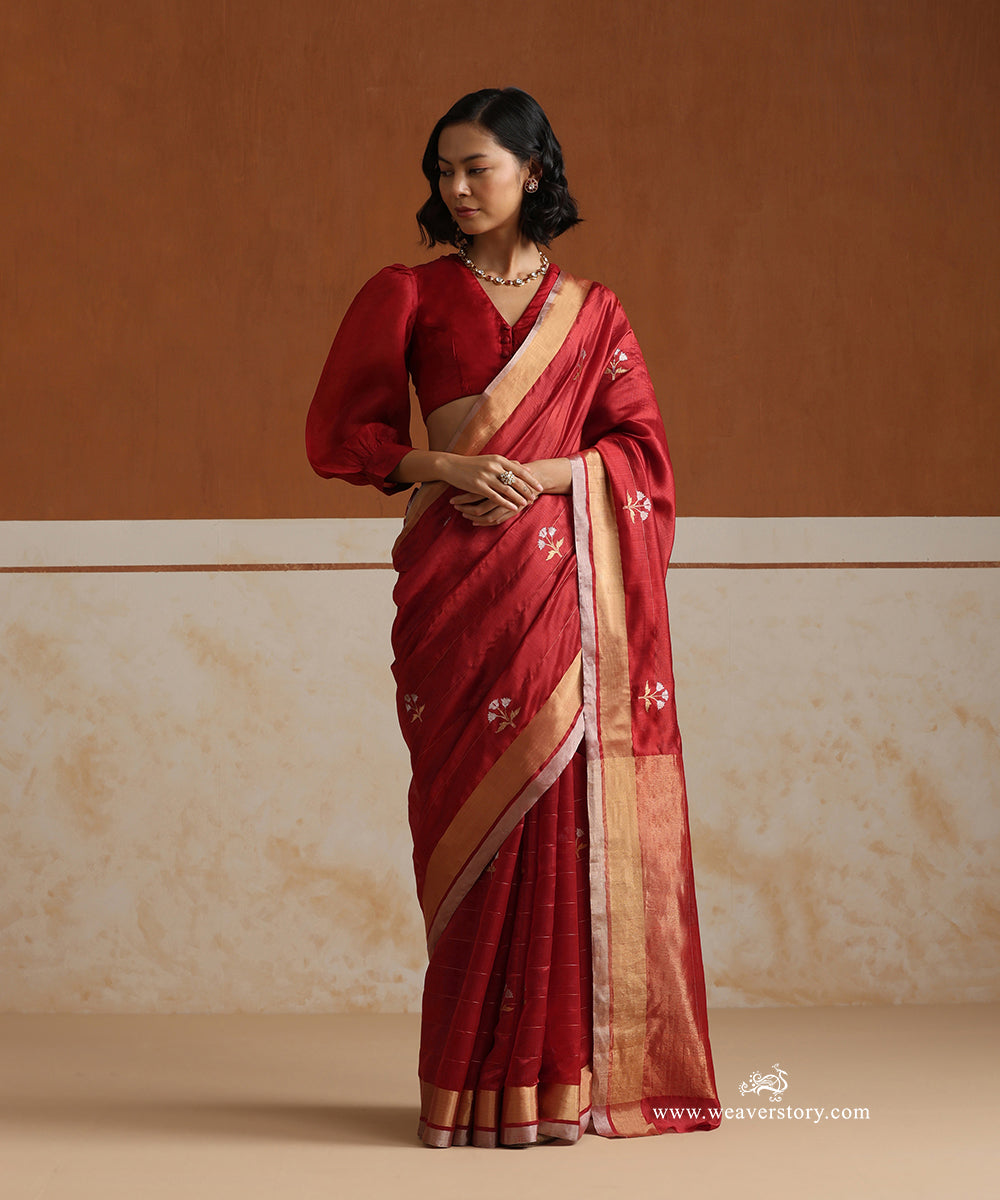 Handloom_Rust_Pure_Soft_Silk_Chanderi_Saree_With_Tulip_Boota_WeaverStory_02
