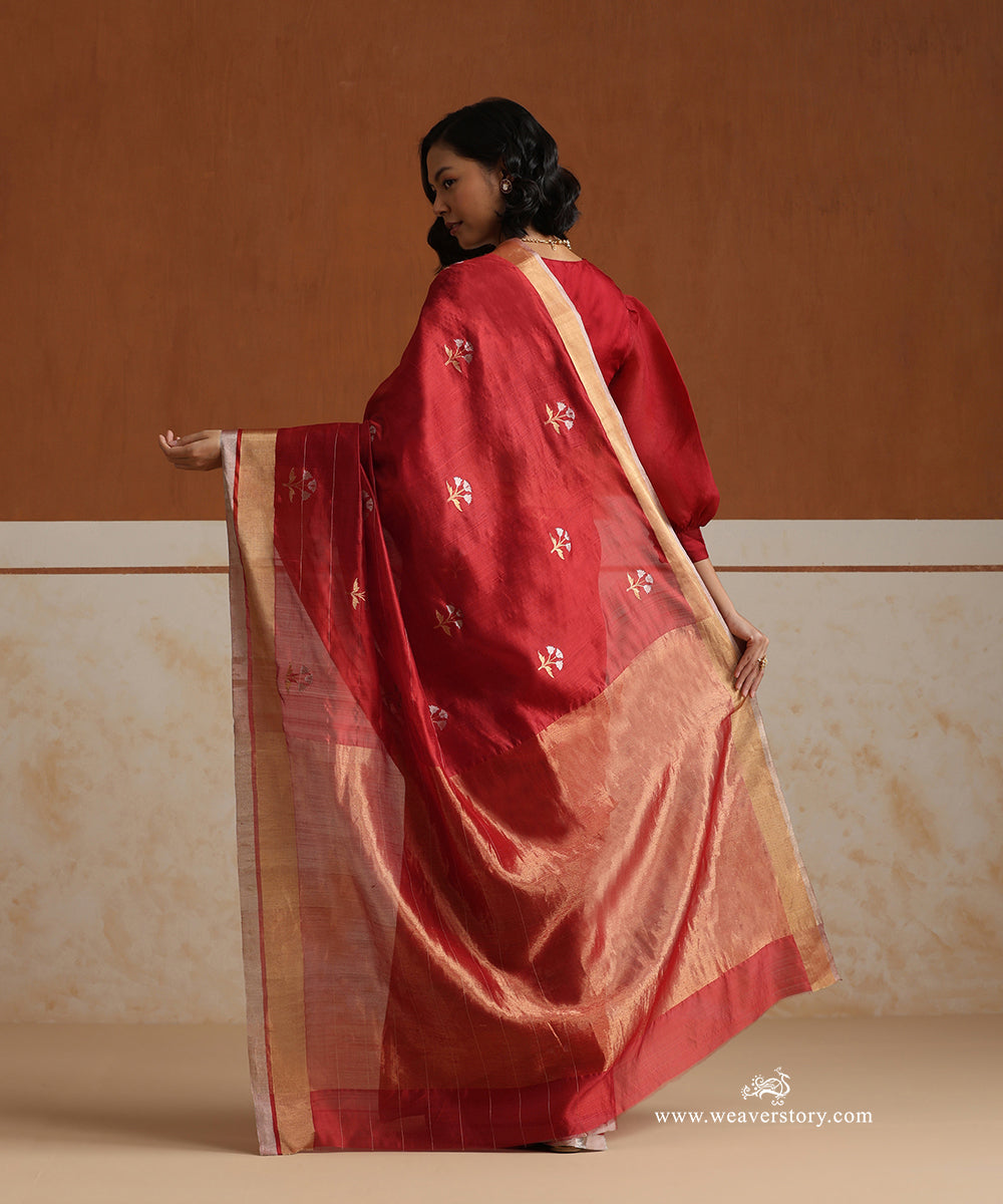 Handloom_Rust_Pure_Soft_Silk_Chanderi_Saree_With_Tulip_Boota_WeaverStory_03