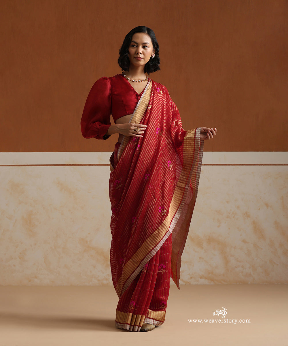 Handloom_Red_Pure_Soft_Silk_Chanderi_Saree_And_Gold_Lines_With_Tulip_Boota_WeaverStory_01