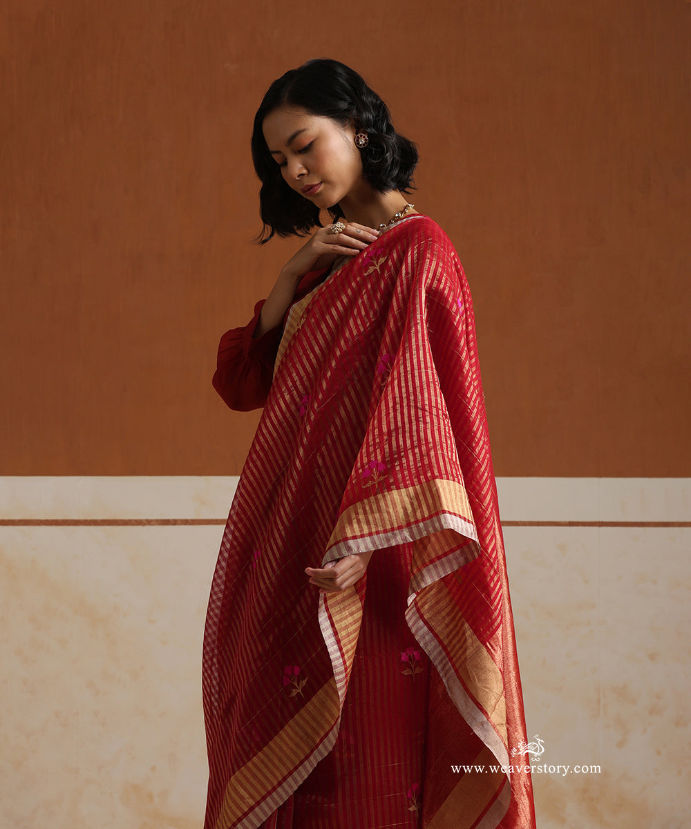 Handloom_Red_Pure_Soft_Silk_Chanderi_Saree_And_Gold_Lines_With_Tulip_Boota_WeaverStory_02