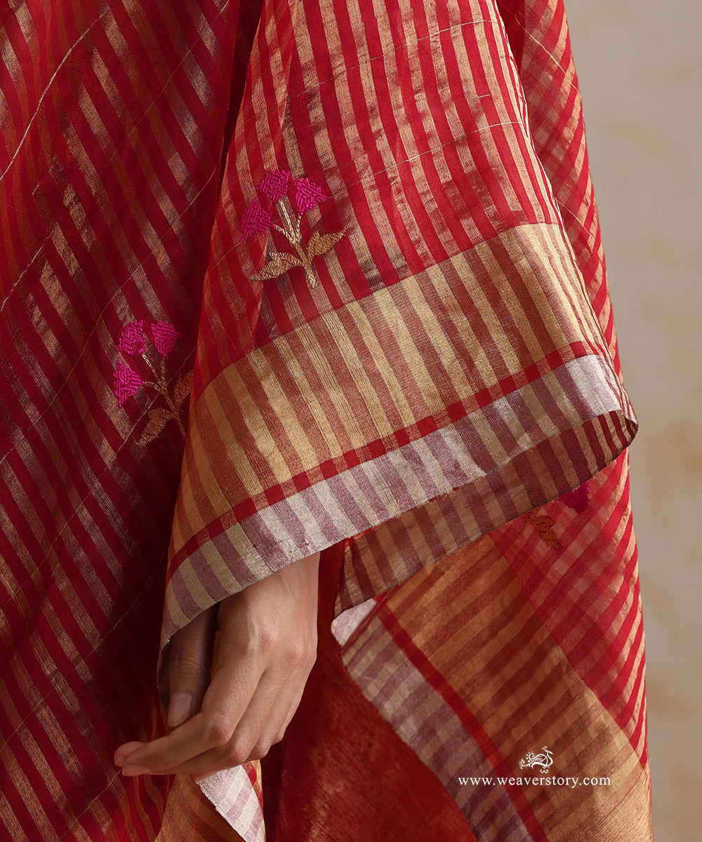 Handloom_Red_Pure_Soft_Silk_Chanderi_Saree_And_Gold_Lines_With_Tulip_Boota_WeaverStory_05