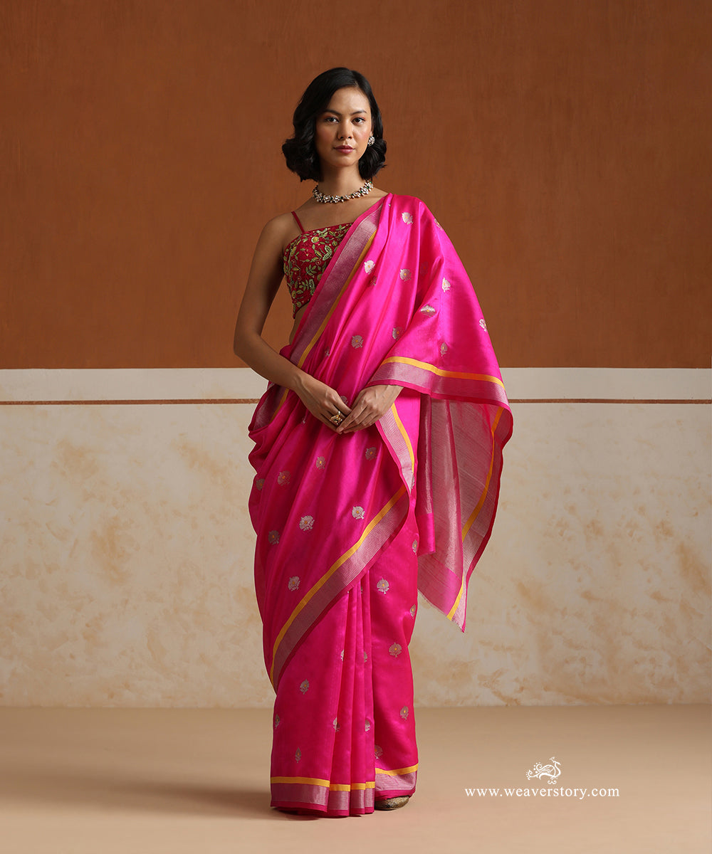 Handloom_Hot_Pink_Pure_Silk_Chanderi_Saree_With_Flowers_Boota_And_Yellow_Meena_WeaverStory_01