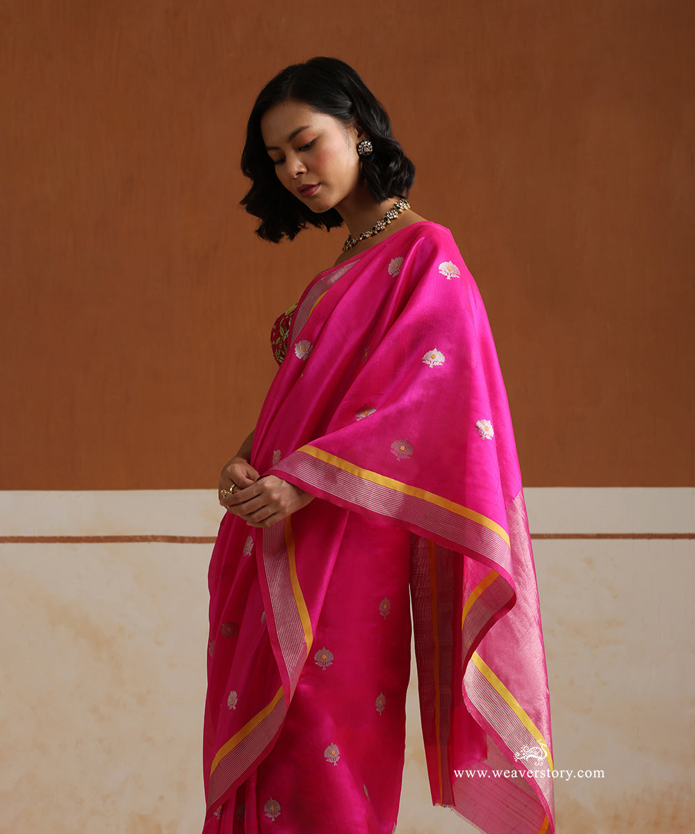 Handloom_Hot_Pink_Pure_Silk_Chanderi_Saree_With_Flowers_Boota_And_Yellow_Meena_WeaverStory_02