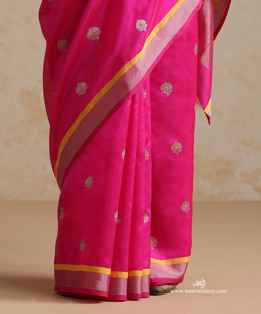 Handloom_Hot_Pink_Pure_Silk_Chanderi_Saree_With_Flowers_Boota_And_Yellow_Meena_WeaverStory_04