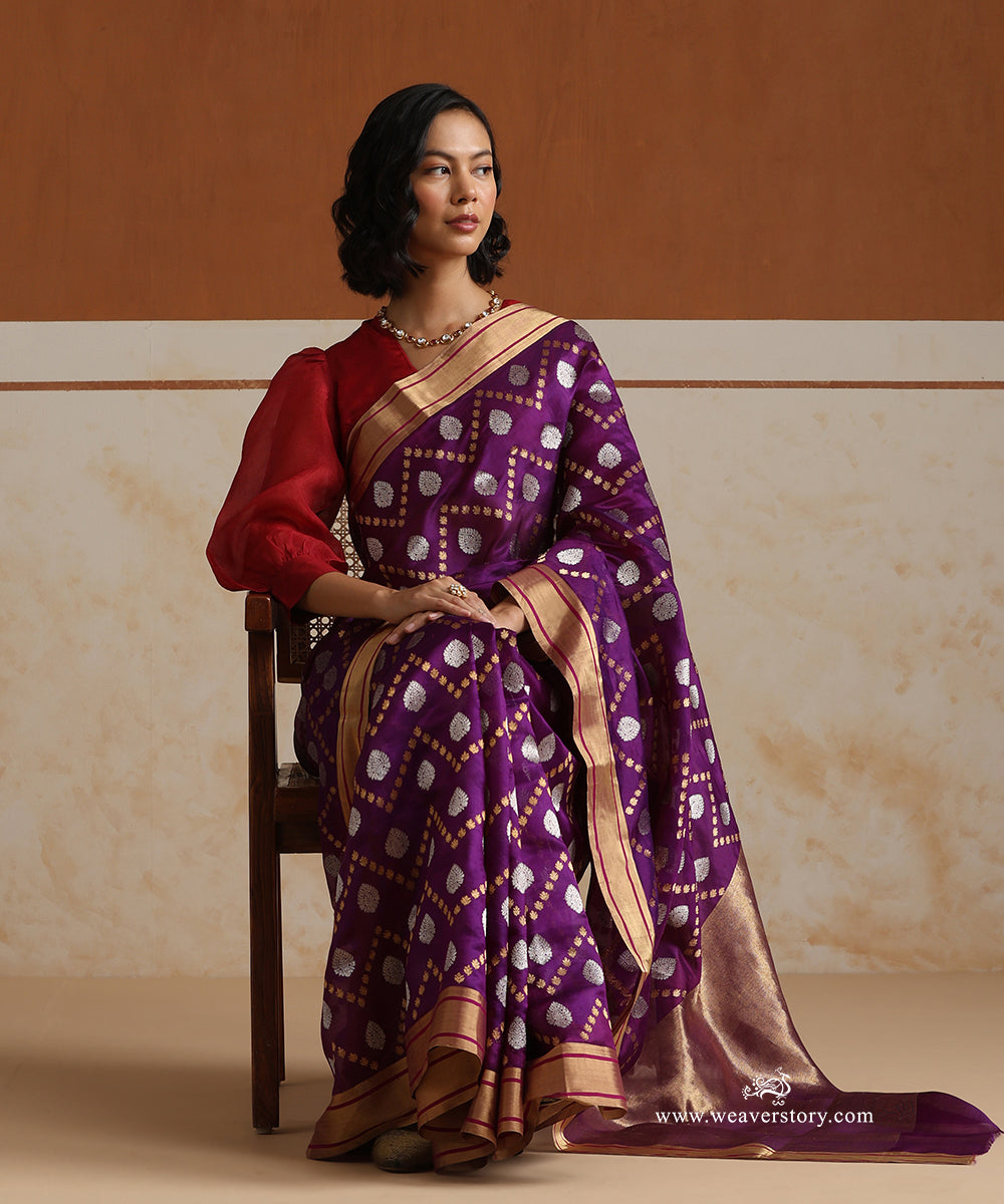 Handloom_Purple_Pure_Soft_Silk_Chanderi_Saree_With_Gold_Small_Flowers_Saffron_Jaal_And_Silver_Boota_WeaverStory_01