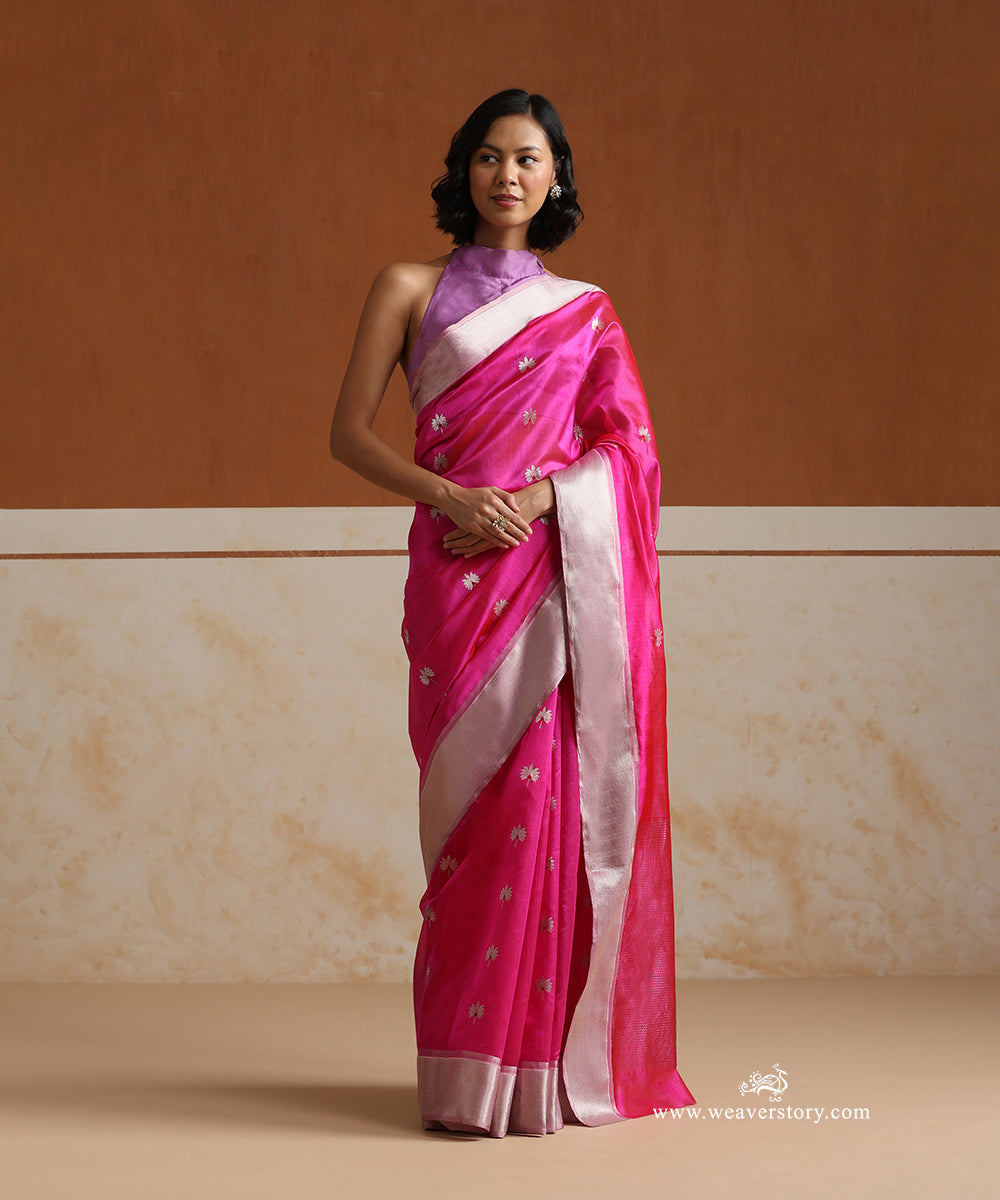 Hot_Pink_Handloom_Pure_Silk_Chanderi_Saree_With_Silver_Zari_Flowers_Boota_And_Silver_Saffron_Border_WeaverStory_01