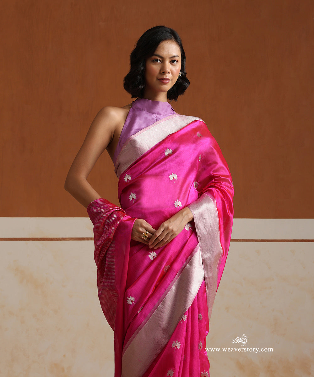 Hot_Pink_Handloom_Pure_Silk_Chanderi_Saree_With_Silver_Zari_Flowers_Boota_And_Silver_Saffron_Border_WeaverStory_02