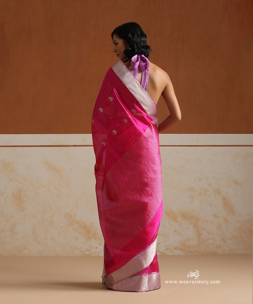 Hot_Pink_Handloom_Pure_Silk_Chanderi_Saree_With_Silver_Zari_Flowers_Boota_And_Silver_Saffron_Border_WeaverStory_03