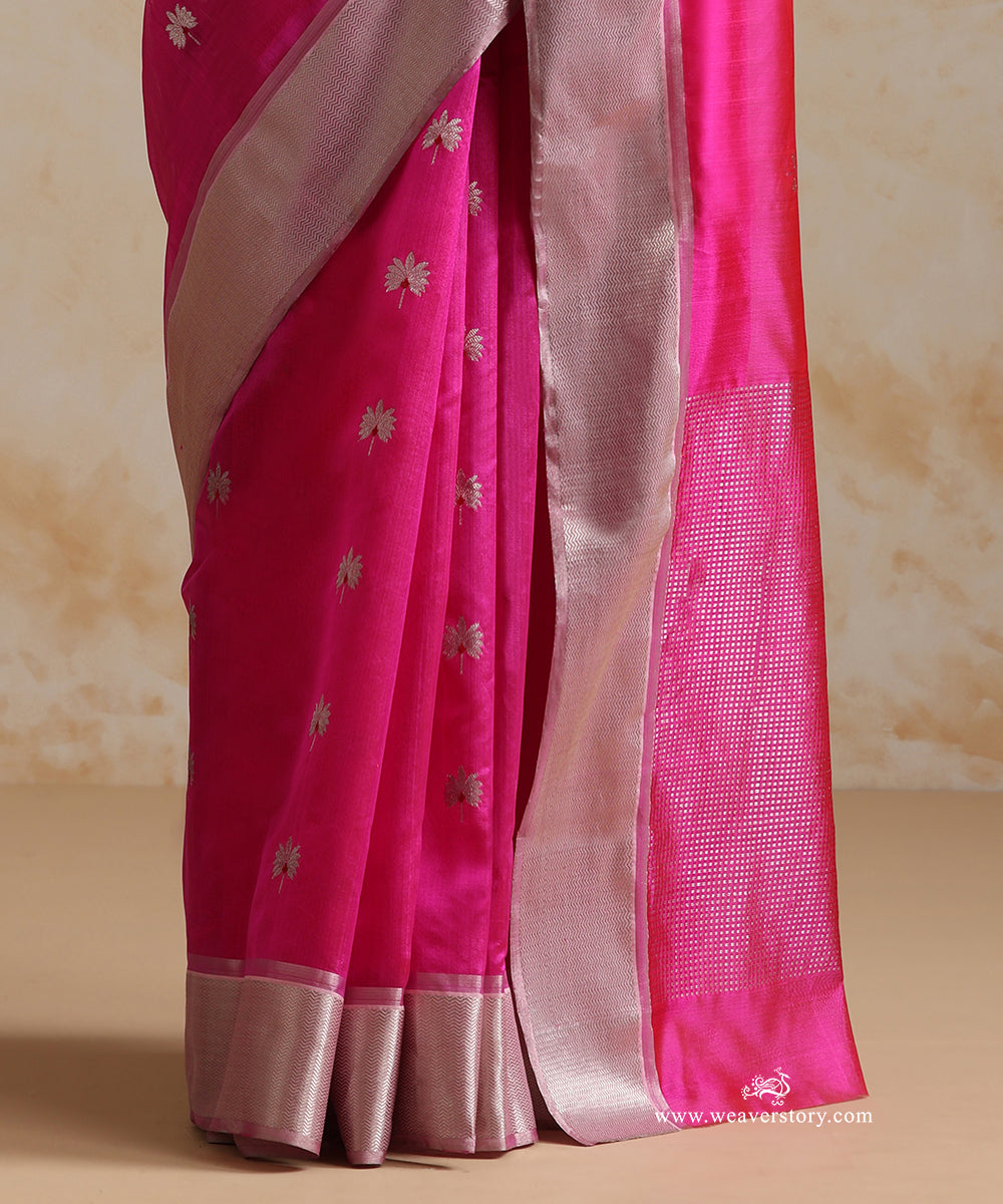 Hot_Pink_Handloom_Pure_Silk_Chanderi_Saree_With_Silver_Zari_Flowers_Boota_And_Silver_Saffron_Border_WeaverStory_04