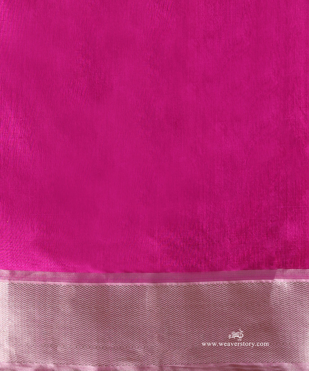 Hot_Pink_Handloom_Pure_Silk_Chanderi_Saree_With_Silver_Zari_Flowers_Boota_And_Silver_Saffron_Border_WeaverStory_05
