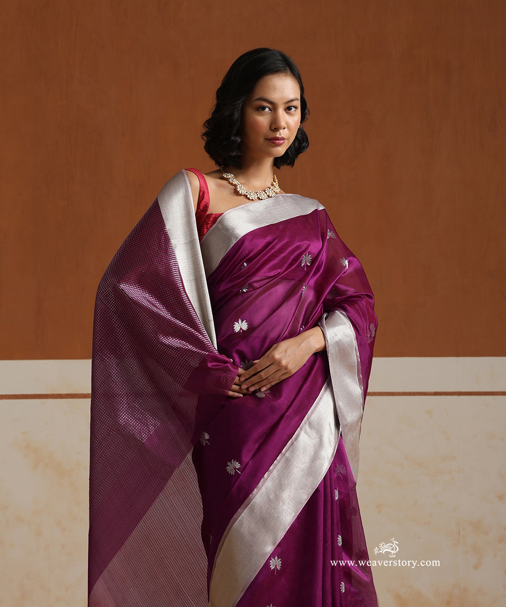 Plum_Handloom_Pure_Silk_Chanderi_Saree_With_Silver_Zari_Flowers_Boota_And_Silver_Saffron_Border_WeaverStory_02