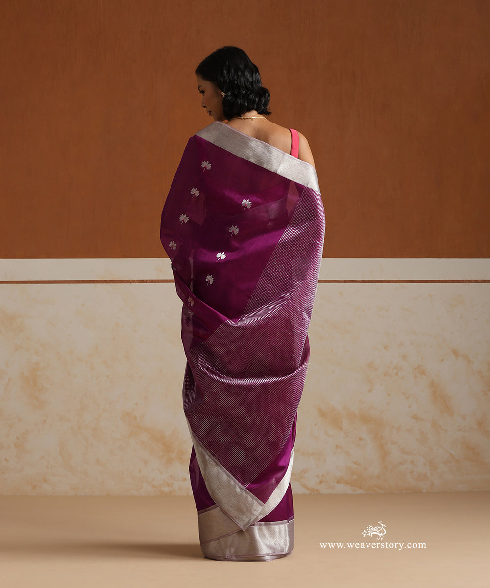 Plum_Handloom_Pure_Silk_Chanderi_Saree_With_Silver_Zari_Flowers_Boota_And_Silver_Saffron_Border_WeaverStory_03