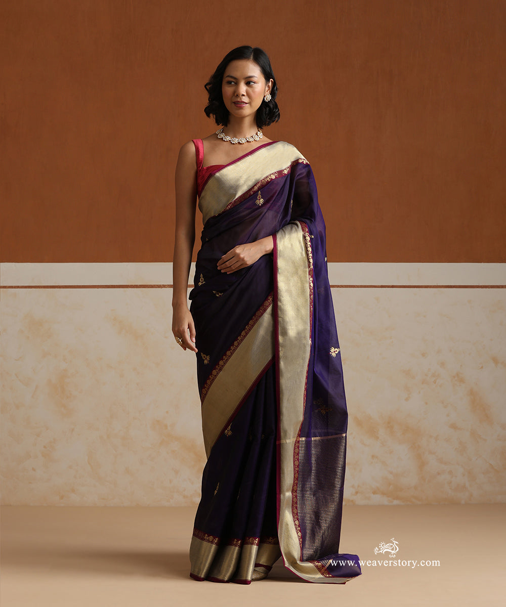 Dark_Purple_Handloom_Pure_Silk_Chanderi_Saree_With_Gold_Zari_Flowers_Boota_And_Gold_Havy_Border_With_Plum_Selvedge_WeaverStory_02