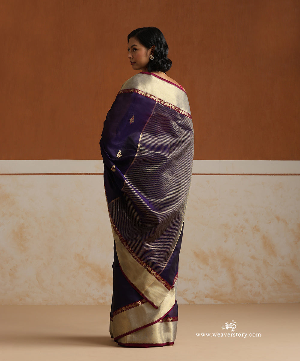 Dark_Purple_Handloom_Pure_Silk_Chanderi_Saree_With_Gold_Zari_Flowers_Boota_And_Gold_Havy_Border_With_Plum_Selvedge_WeaverStory_03