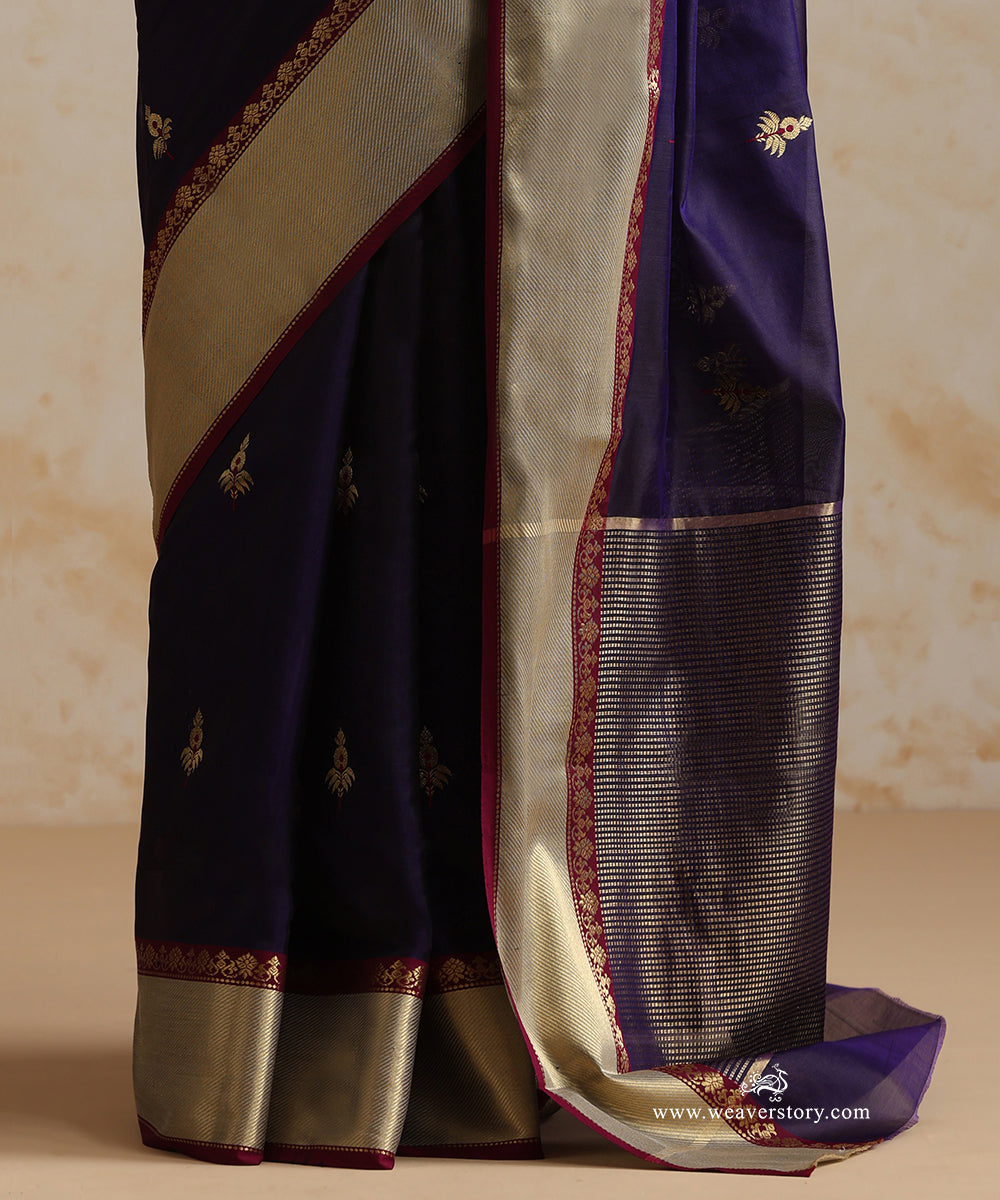Dark_Purple_Handloom_Pure_Silk_Chanderi_Saree_With_Gold_Zari_Flowers_Boota_And_Gold_Havy_Border_With_Plum_Selvedge_WeaverStory_04