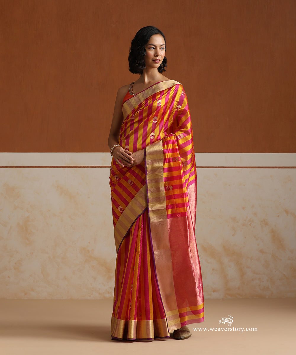 Yellow_And_Pink_Handloom_Striped_Pure_Silk_Chanderi_Saree_With_Marigold_Flowers_Boota_WeaverStory_02