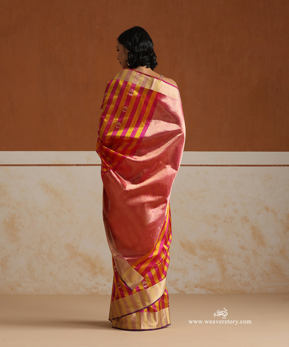 Yellow_And_Pink_Handloom_Striped_Pure_Silk_Chanderi_Saree_With_Marigold_Flowers_Boota_WeaverStory_03