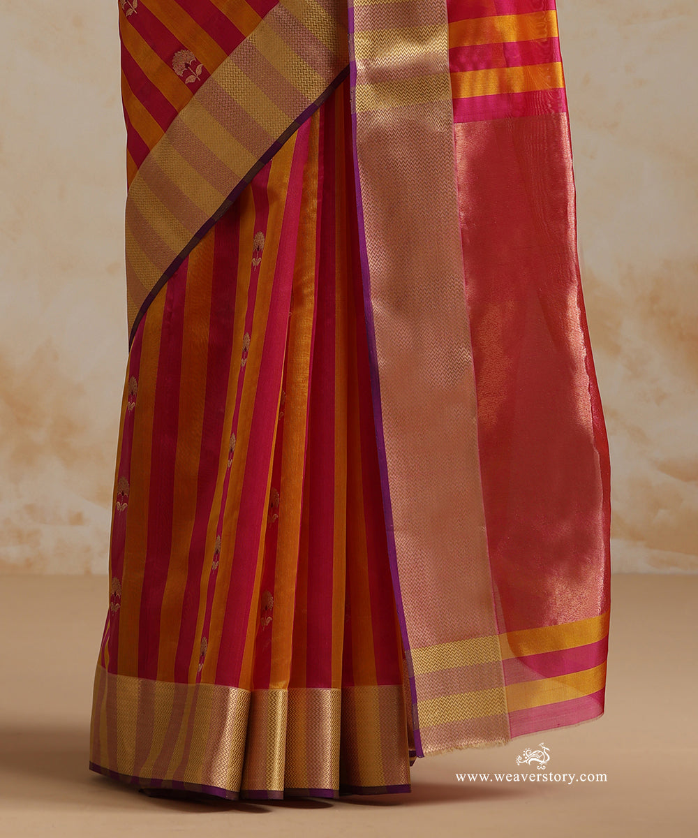 Yellow_And_Pink_Handloom_Striped_Pure_Silk_Chanderi_Saree_With_Marigold_Flowers_Boota_WeaverStory_04