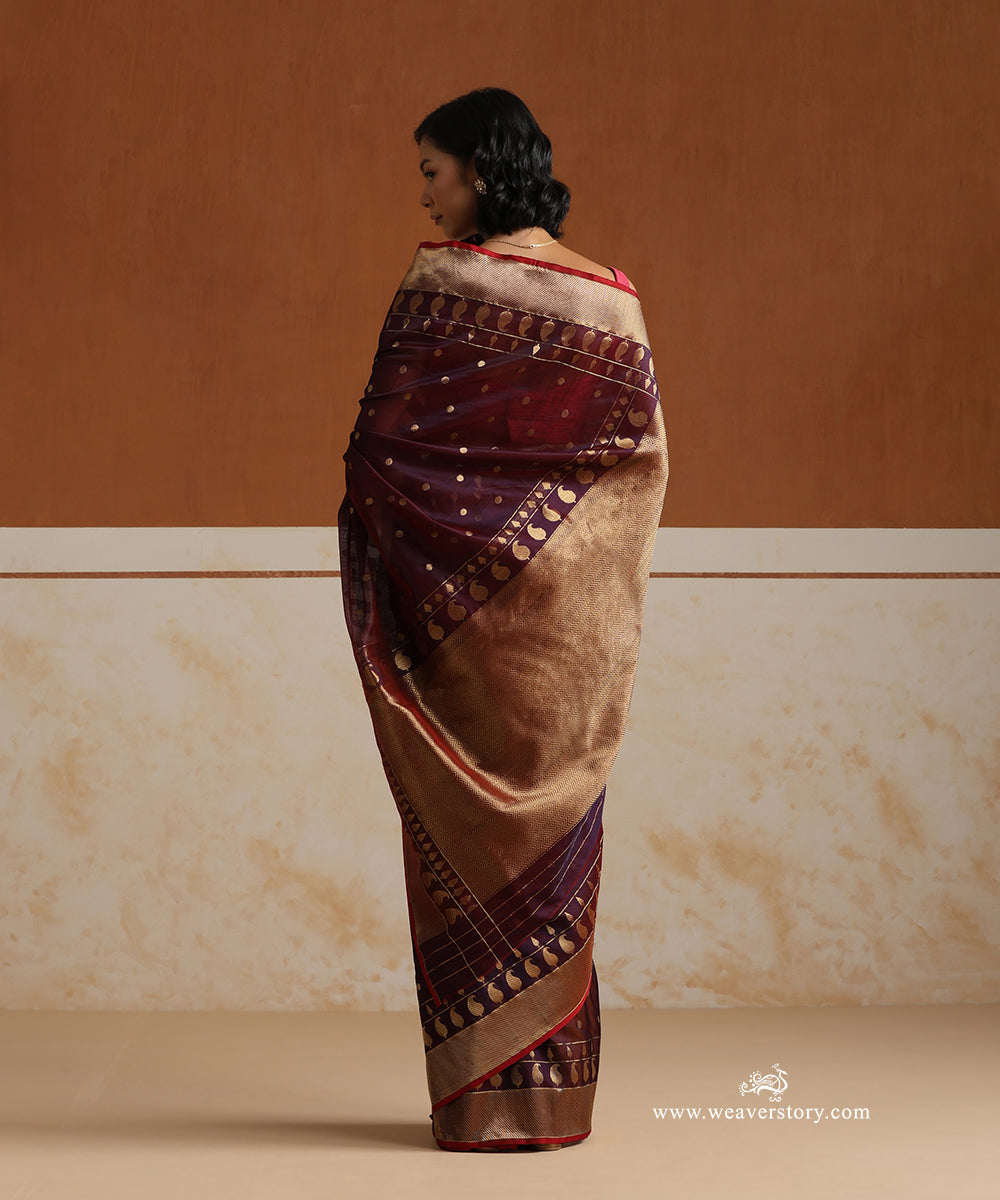 Plum_Handloom_Pure_Silk_Chanderi_Saree_With_Gold_Polki_Dots_And_Ambi_Motif_Border_WeaverStory_03