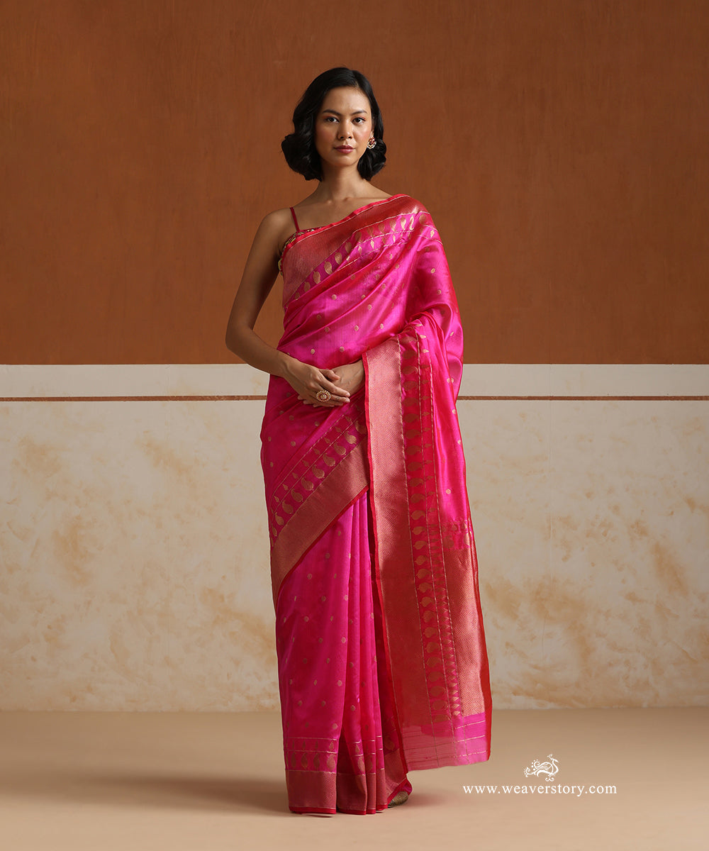 Hot_Pink_Handloom_Pure_Silk_Chanderi_Saree_With_Gold_Zari_Flowers_Boota_And_Gold_Heavy_Border_WeaverStory_01