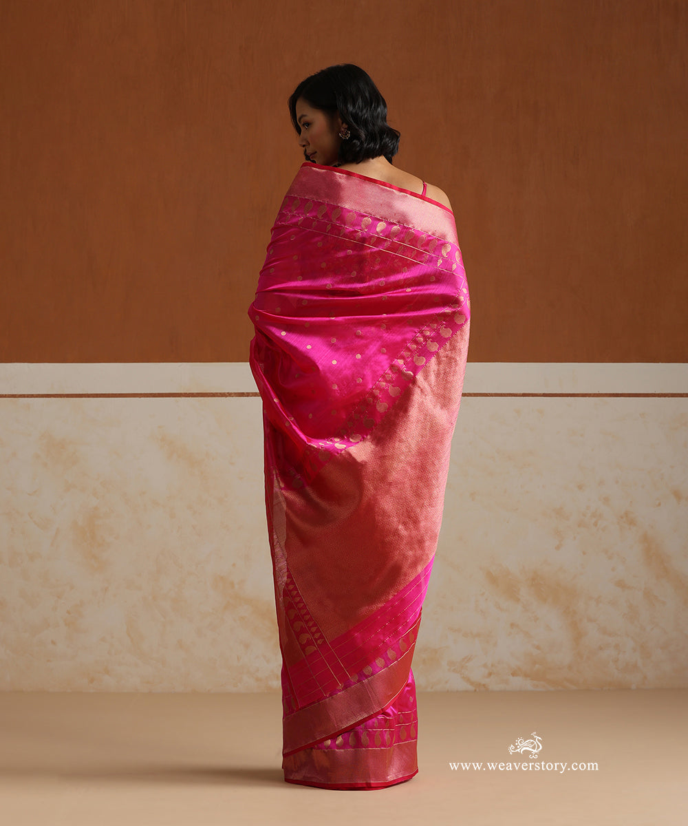 Hot_Pink_Handloom_Pure_Silk_Chanderi_Saree_With_Gold_Zari_Flowers_Boota_And_Gold_Heavy_Border_WeaverStory_03