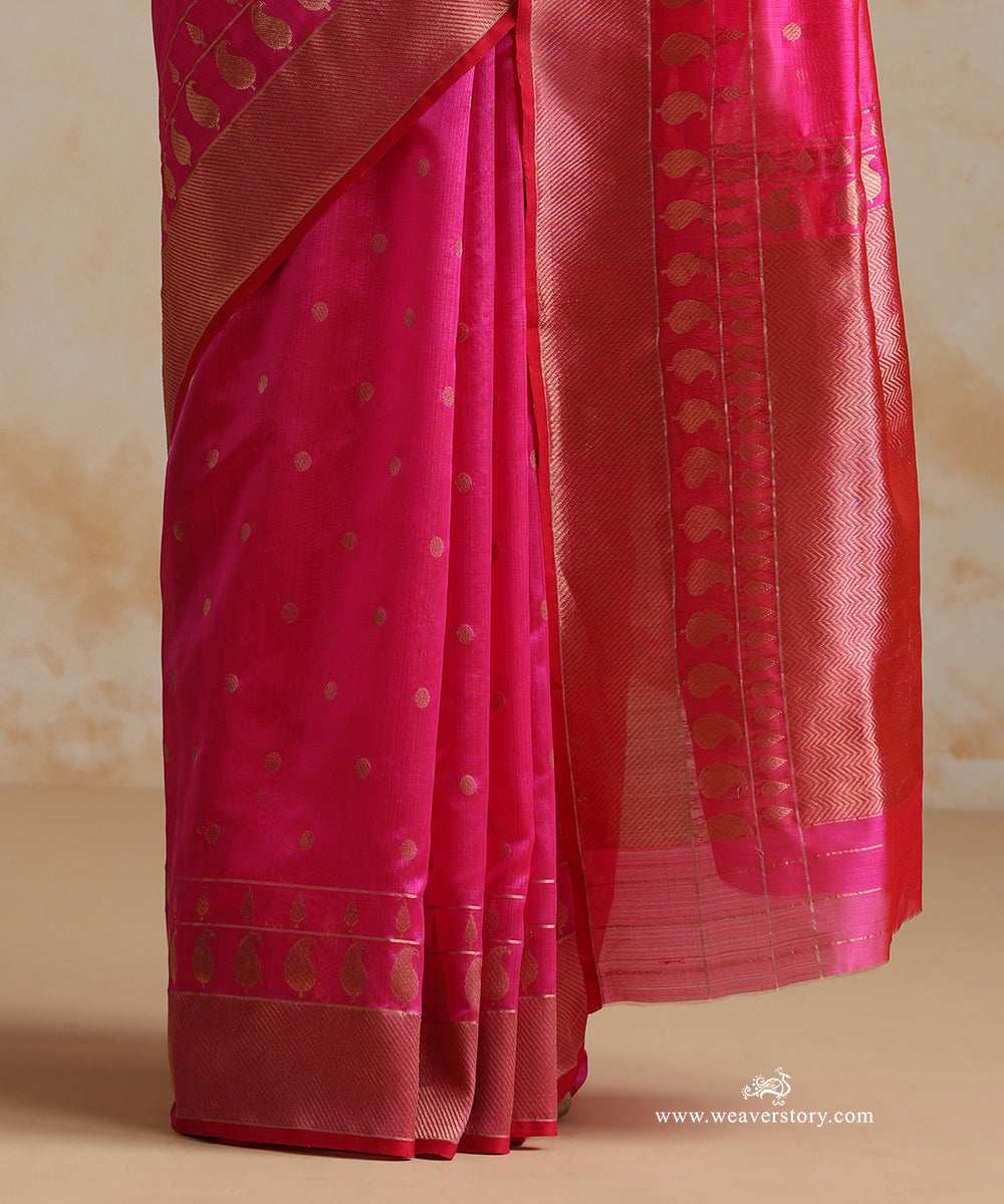 Hot_Pink_Handloom_Pure_Silk_Chanderi_Saree_With_Gold_Zari_Flowers_Boota_And_Gold_Heavy_Border_WeaverStory_04