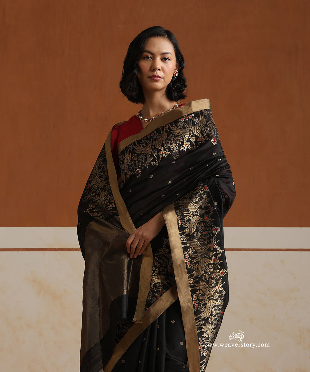 Black_Handloom_Pure_Silk_Chanderi_Saree_With_Gold_Zari_Flowers_Bota_And_Deer_Motifs_Border_WeaverStory_02