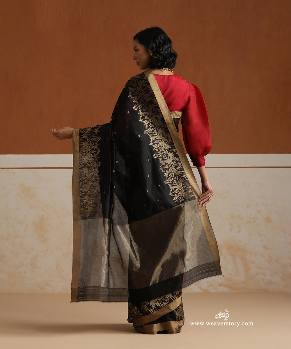 Black_Handloom_Pure_Silk_Chanderi_Saree_With_Gold_Zari_Flowers_Bota_And_Deer_Motifs_Border_WeaverStory_03