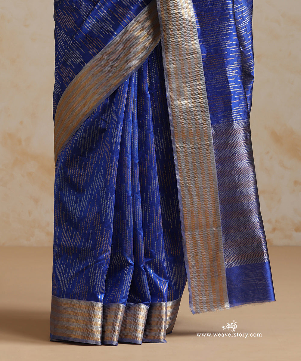 Electric_Blue_Handloom_Pure_Silk_Chanderi_Saree_With_Allover_Gold_And_Silver_Zari_Saffron_Pattern_WeaverStory_04