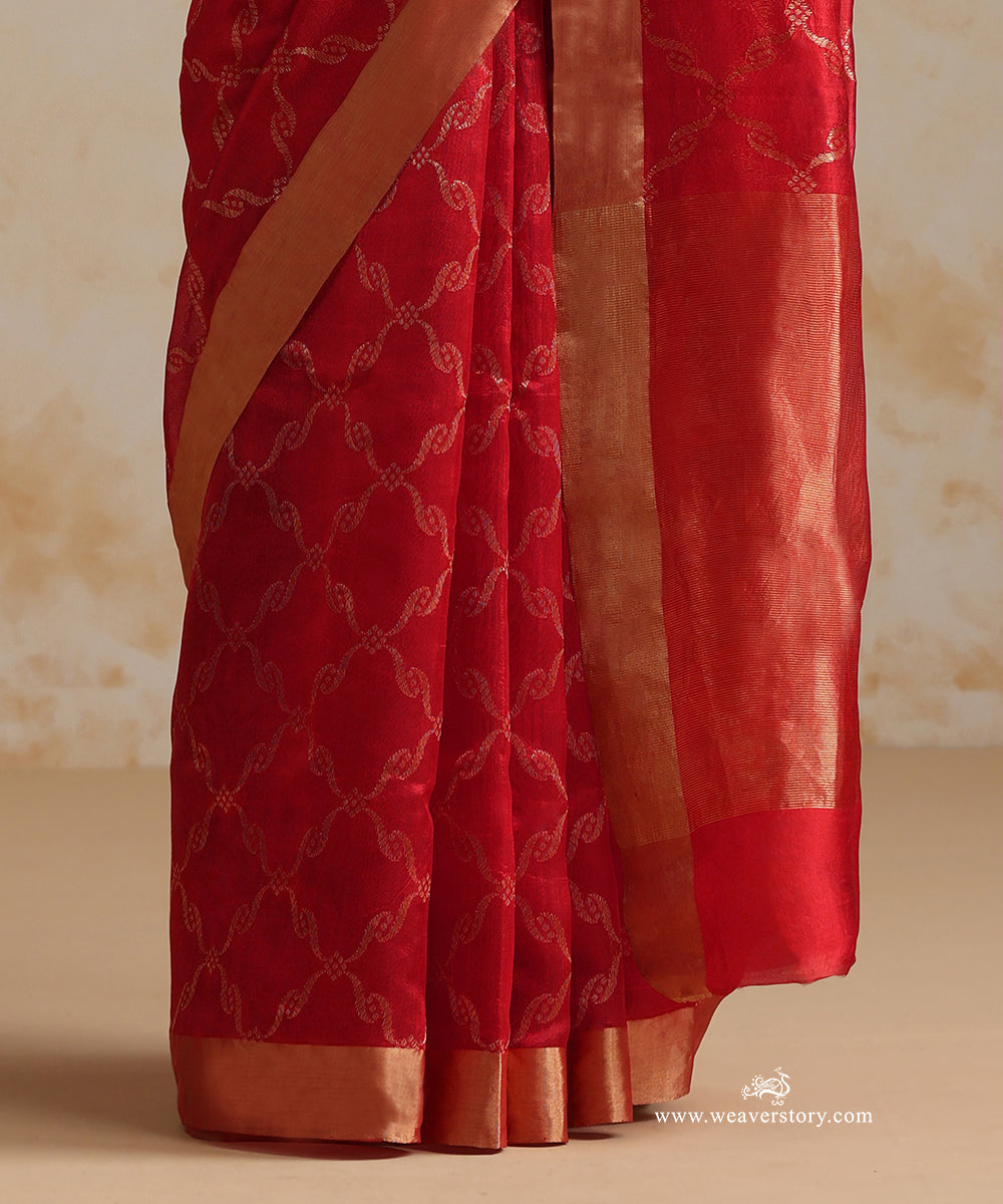 Red_Handloom_Pure_Soft_Silk_Chanderi_Saree_With_Gold_Zari_Allover_Jaal_WeaverStory_04