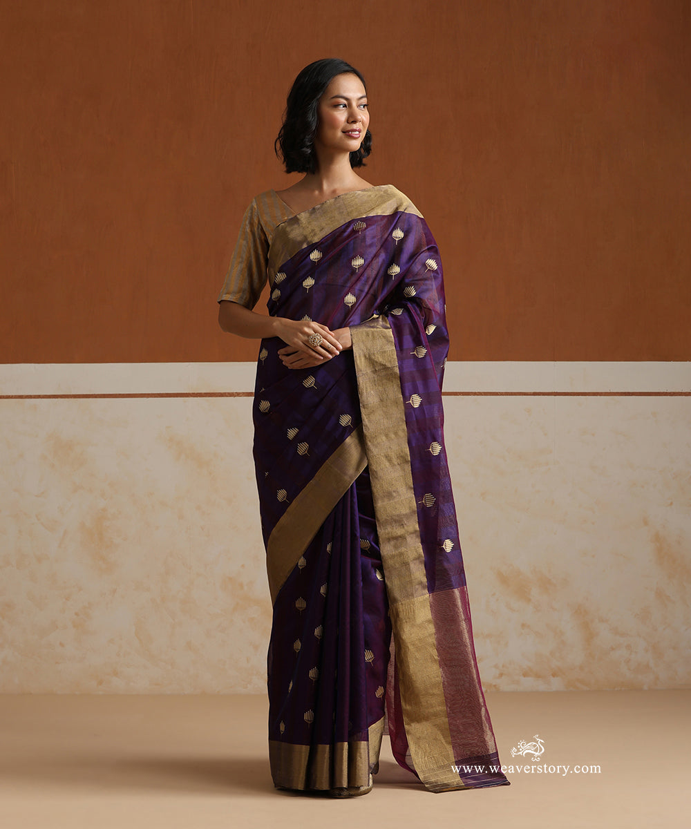 Handloom_Plum_Pure_Silk_Chanderi_Saree_With_Lotus_Motif_WeaverStory_01
