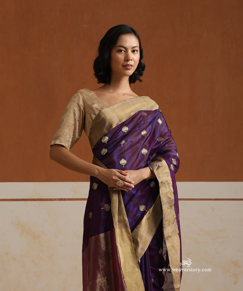 Handloom_Plum_Pure_Silk_Chanderi_Saree_With_Lotus_Motif_WeaverStory_02