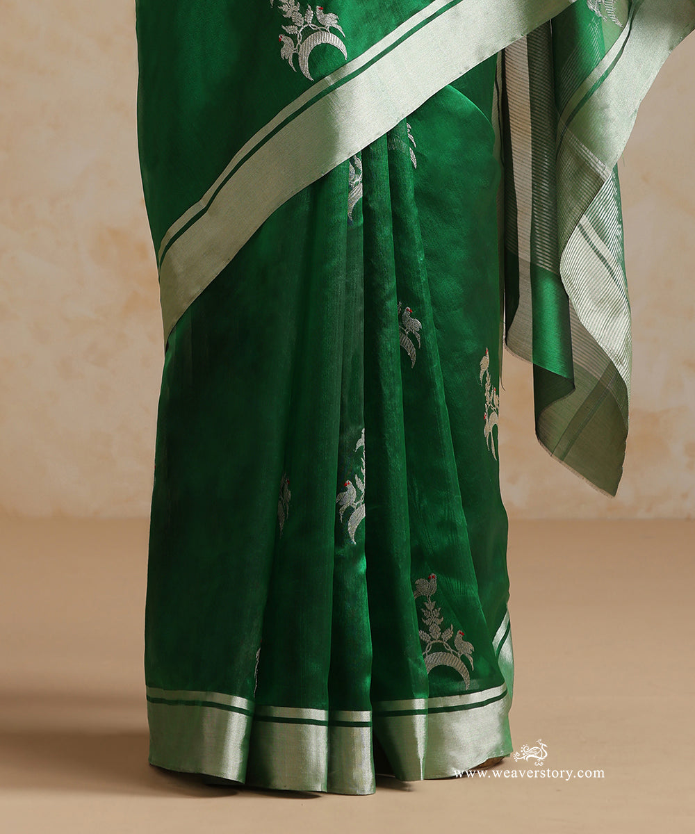 Bottle_Green_Handloom_Pure_Silk_Chanderi_Saree_With_Birds_Motifs_And_Silver_Border_WeaverStory_04