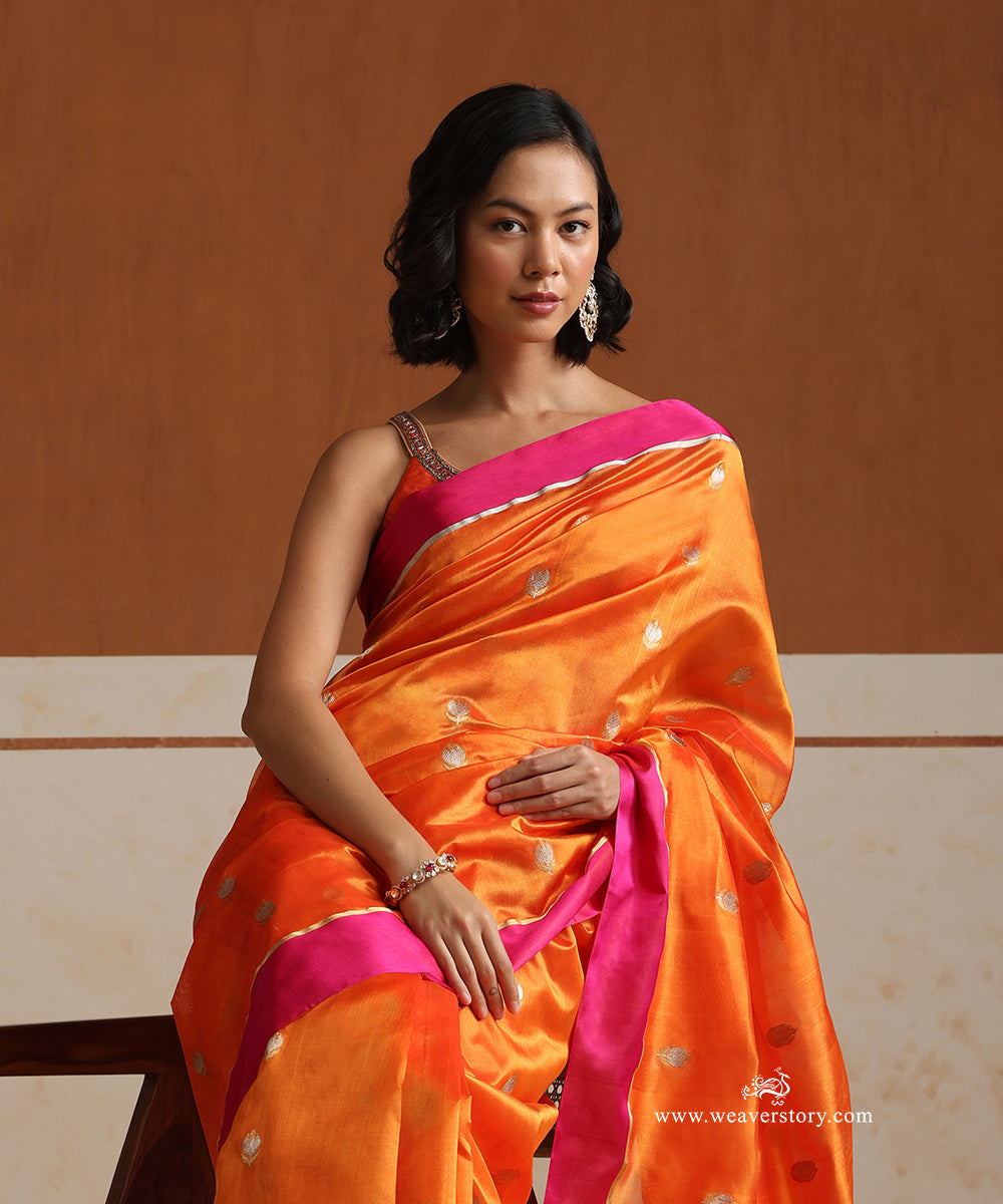 Orange_Handloom_Pure_Silk_Chanderi_With_Gold_Silver_Motifs_And_Pink_Mashroo_Barder_WeaverStory_01