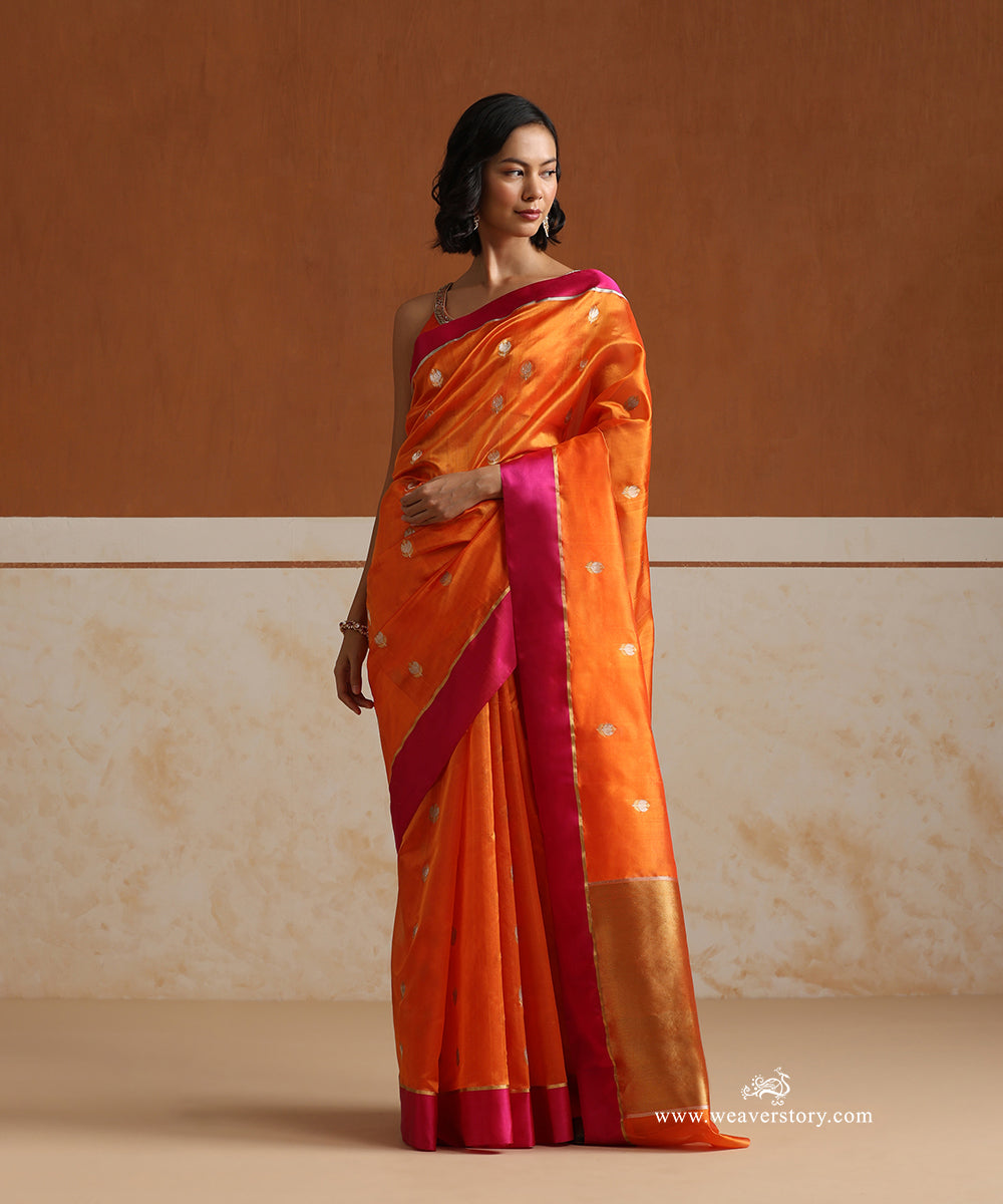 Orange_Handloom_Pure_Silk_Chanderi_With_Gold_Silver_Motifs_And_Pink_Mashroo_Barder_WeaverStory_02