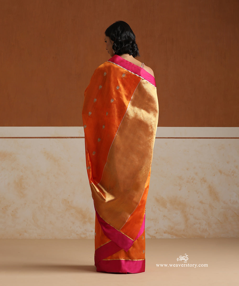 Orange_Handloom_Pure_Silk_Chanderi_With_Gold_Silver_Motifs_And_Pink_Mashroo_Barder_WeaverStory_03