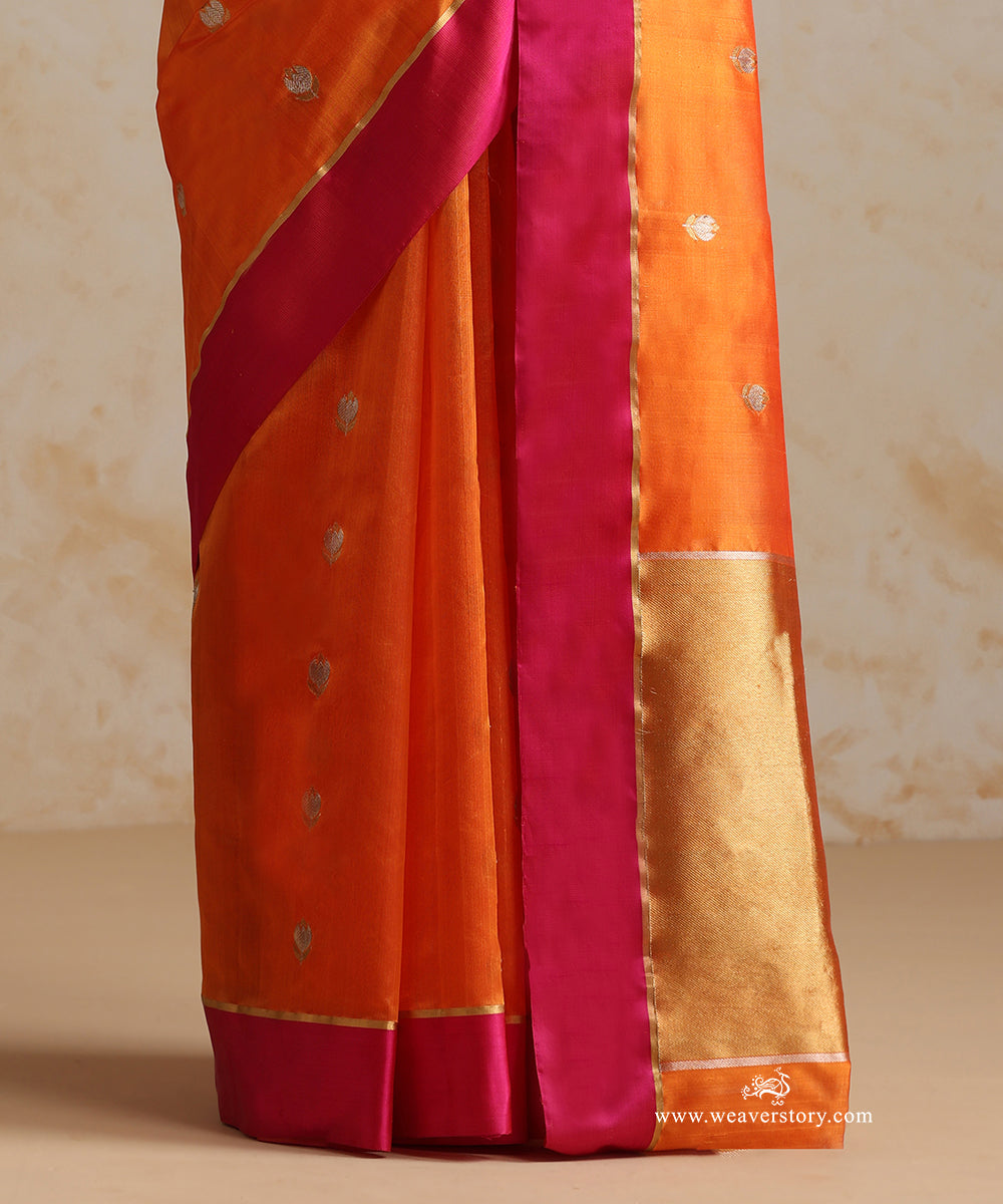 Orange_Handloom_Pure_Silk_Chanderi_With_Gold_Silver_Motifs_And_Pink_Mashroo_Barder_WeaverStory_04