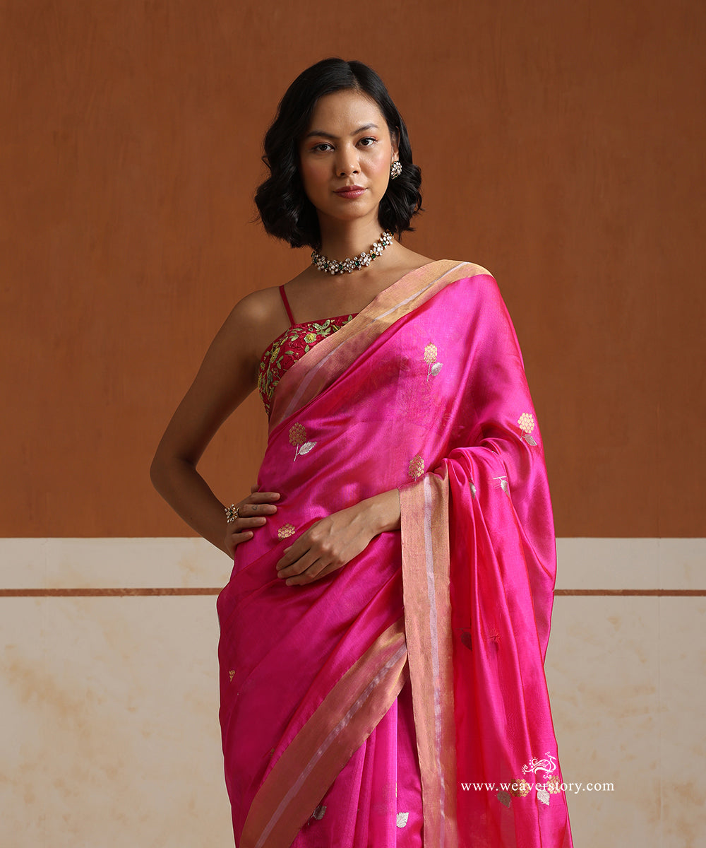 Hot_Pink_Handloom_Pure_Silk_Chanderi_Saree_With_Marigold_Motifs_And_Gold_Silver_Border_WeaverStory_02