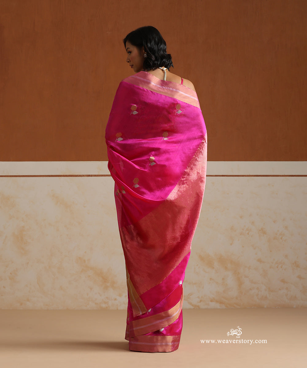 Hot_Pink_Handloom_Pure_Silk_Chanderi_Saree_With_Marigold_Motifs_And_Gold_Silver_Border_WeaverStory_03