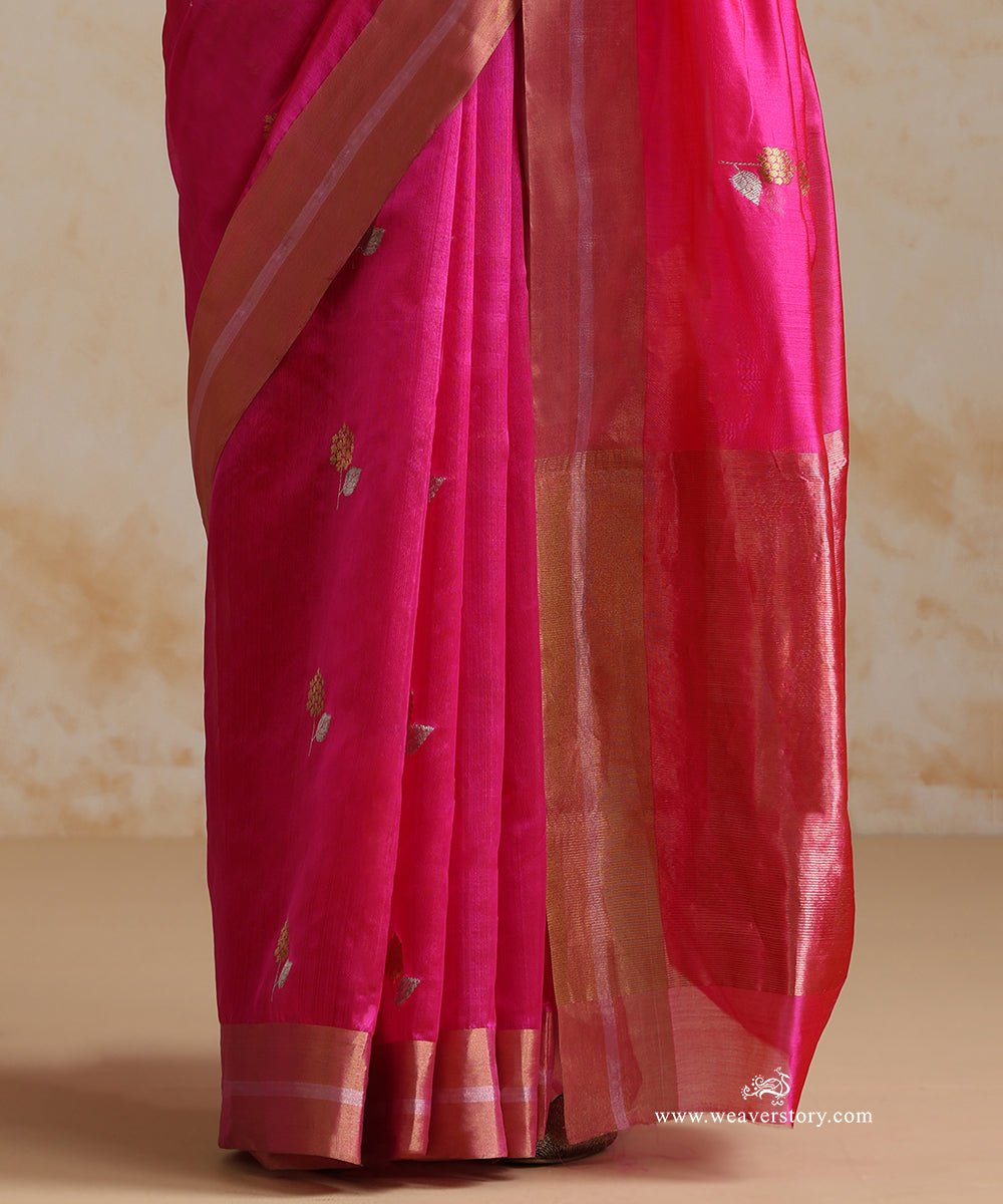 Hot_Pink_Handloom_Pure_Silk_Chanderi_Saree_With_Marigold_Motifs_And_Gold_Silver_Border_WeaverStory_04