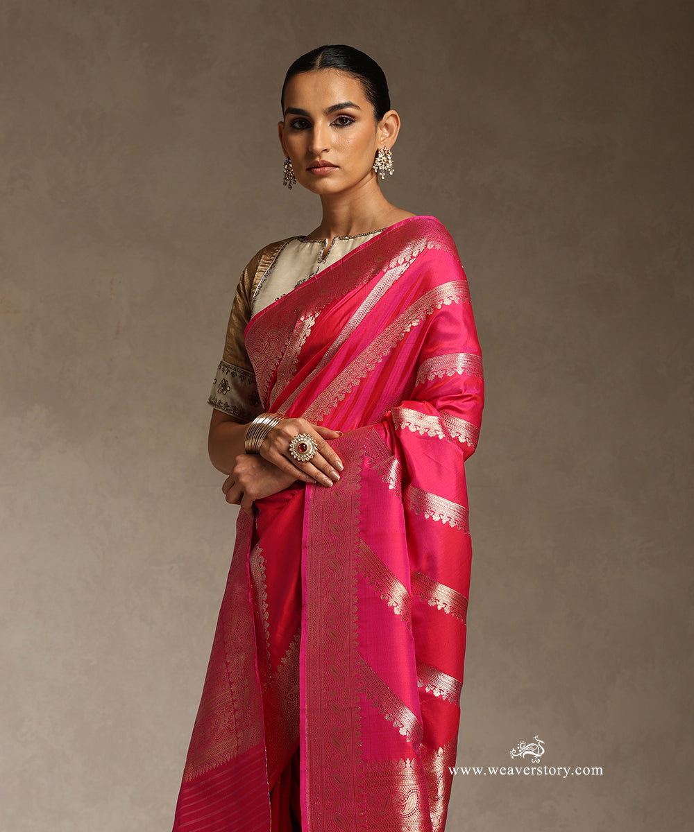 Hot_Pink_Handloom_Pure_Katan_Silk_Saree_With_Kadhwa_Diagonol_Bel_WeaverStory_02