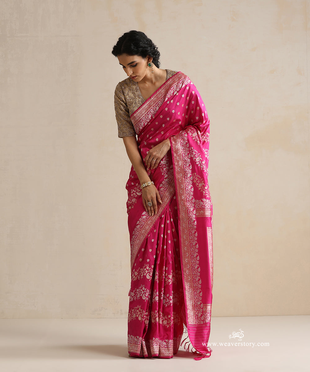 Handloom_Rani_Pink_Pure_Katan_Silk_Banarasi_Saree_With_Gold_And_Silver_Floral_Aada_Jaal_WeaverStory_01