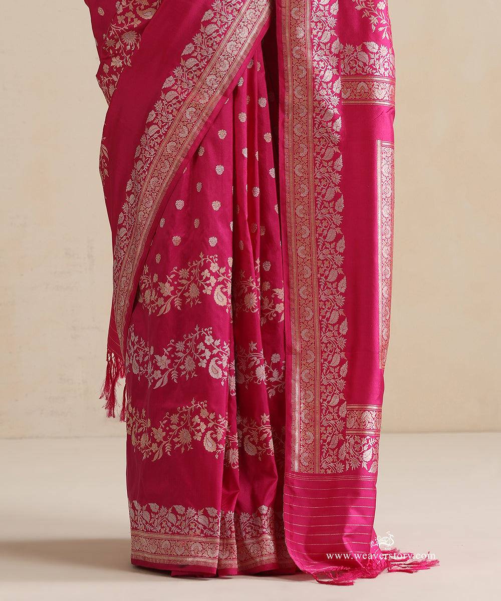 Handloom_Rani_Pink_Pure_Katan_Silk_Banarasi_Saree_With_Gold_And_Silver_Floral_Aada_Jaal_WeaverStory_04