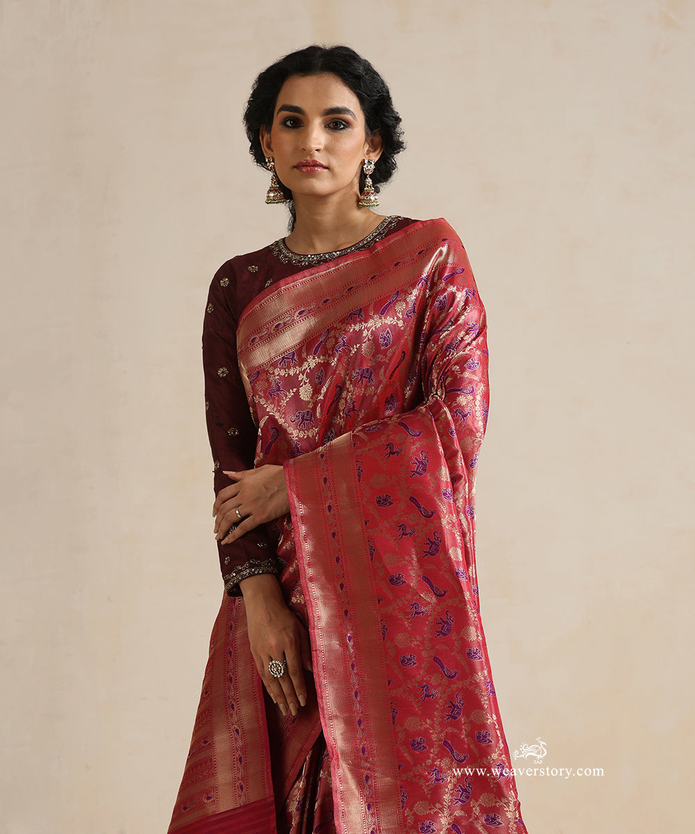 Handloom_Viva_Magenta_Pure_Satin_Silk_Banarasi_Tanchoi_Saree_With_Purple_Shikargah_Meena_WeaverStory_02